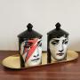 Edle Mädchen Kerzenhalter Classic Fornasetti mit schwarzer Kappe Keramik Aufbewahrungsdose Kunst Kerzenhalter Retro Handgefertigt Aufbewahrungsgläser Heimdekor, Gold Tablett
