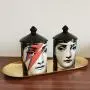 Fancy Girls candel hoders Classic Fornasetti Candle Holder with blacklid Ceramic Storage Bin Art Candlestick Holder Retro Handmade Storage Jars Home Decor,Gold Tray