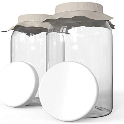 KombuJars Kombucha Jars 1 Gallon Glass (2 pack) Brewing Fermenting Storage Bottles, With Plastic Lids, Cloth Cover, and Bands (2)