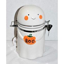 New 8" Ghost Holding a Boo Pumpkin Halloween Ceramic Decorative Air Tight Hinged Canister Storage Jar