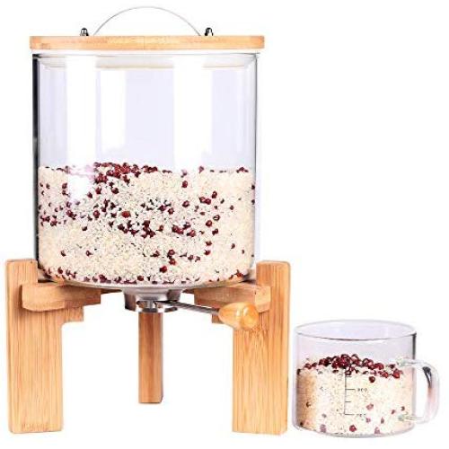 Glass Dry Food Dispenser, Glass Food Storage Canister with Airtight Bamboo Lid, Wooden Stand and Glass Cup for Rice, Beans and Coffee Beans (5L)