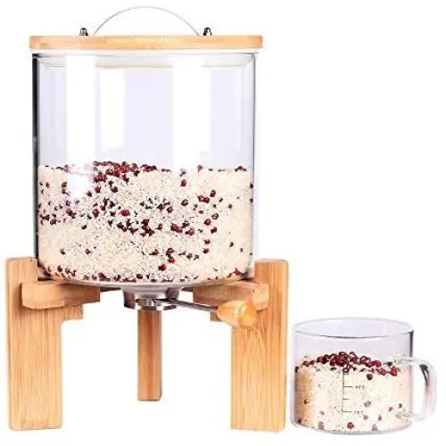 Glass Dry Food Dispenser, Glass Food Storage Canister with Airtight Bamboo Lid, Wooden Stand and Glass Cup for Rice, Beans and Coffee Beans (5L) Glass Dry Food Dispenser, Glass Food Storage Canister with Airtight Bamboo Lid, Wooden Stand and Glass Cup for Rice, Beans and Coffee Beans (5L)