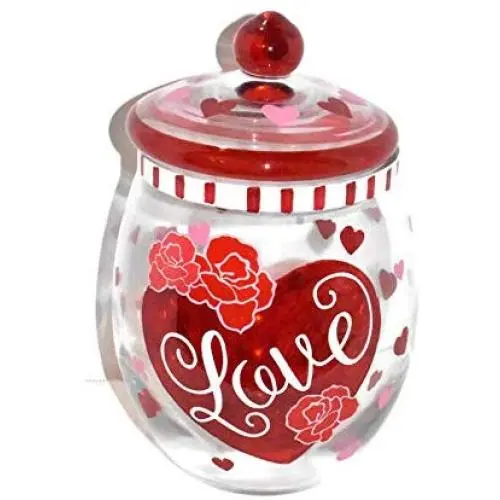 New 10" Red & Pink Hearts Love with Red Roses Glass Candy Jar Canister with Lid New 10" Red & Pink Hearts Love with Red Roses Glass Candy Jar Canister with Lid