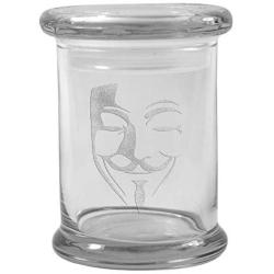 Clear 8 oz Glass Herb Stash Jar and Lid with V For Vendetta Logo from Smoke Promos