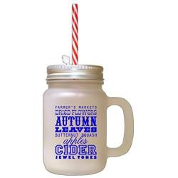 Royal Blue Autumn Leaves Butternut Squash Apples Cinder Frosted Glass Mason Jar With Straw