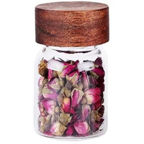 Klare Glasbehälter mit 190ml / 6.5oz Fassungsvermögen und Holzdeckel – 1 Stück, leer, tragbar, für Haus- und Küchenaufbewahrung, Lebensmittelbehälter zum Servieren von Süßigkeiten, Snacks, Honig und mehr.
