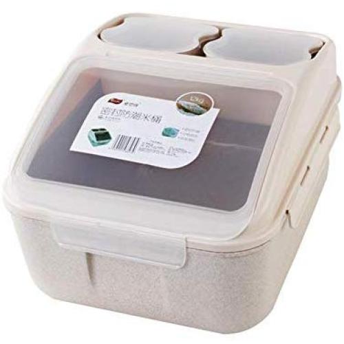 Bulary Double Sealed Rice Storage Containers Kitchen Grain Storage Box with Pulley Large Capacity Bucket + 2 Storage Jar + Measuring Cup