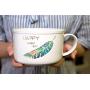 Microwavable Ceramic Noodle Bowl with Handle and Seal Fine Porcelain Green Leaf Design (Leaf-7)