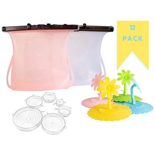 12 Piece Set Eco Friendly Kitchen  Items. (2) Reusable Silicone Food Storage Bags, Leak-Proof, Stand-Up, Airtight, Microwave to Freezer Plus (6) Silicone Stretch Lids Plus (4) Cup Covers.