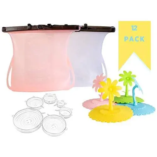 Ensemble de 12 pièces d'articles de cuisine écologiques. (2) Sacs de rangement alimentaires réutilisables en silicone, étanches, à ouverture automatique, aptes au micro-ondes et au congélateur plus (6) Couvercles en silicone extensibles plus (4) Couvercle