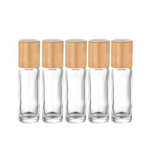 5 Pack 10ml Bamboo Roller Bottle for Essential Oils,Empty Clear Glass Roll On Bottle With Stainless Steel Roller Balls Travel Vial Essential Oil Roller Container-Pipette&funnel Included