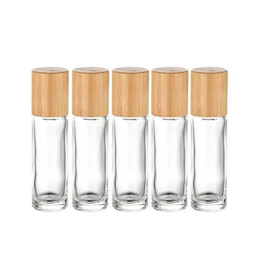 5 Pack 10ml Bamboo Roller Bottle for Essential Oils,Empty Clear Glass Roll On Bottle With Stainless Steel Roller Balls Travel Vial Essential Oil Roller Container-Pipette&funnel Included