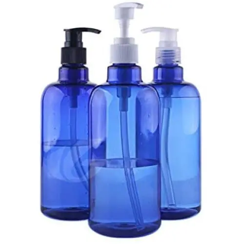 3er Set 500ml/17oz Blaue Refillbare Kunststoff-Pumpflasche Beutel Packungsbehälter Dose Ausgießer für Make-up Kosmetik Duschgel Toilettenspülung Flüssigshampoo (Pumpfarbe Zufällig)