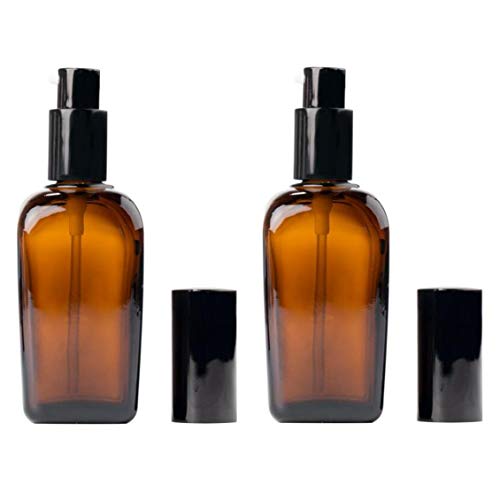 UPSTORE 2Pcs 3.4oz(100ml) Amber Square Glass Pump Bottle with Black Head Refillable Empty Bottle Cosmetic Packing Storage Container Jar for Lotion Essence Emulsion Essential Oils