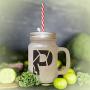 Green&quotP" Robot Initial Monogram Letter P Frosted Glass Mason Jar With Straw
