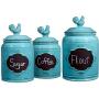 Set of 3 Blue Chalkboard Rooster Canisters ? Durable Kitchen Canister Set with Tight Lids for Food Storage and Organization ? Ceramic