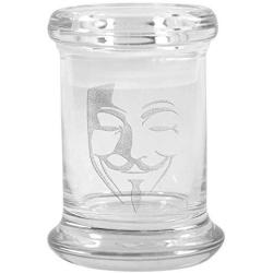 Clear Glass Herb Stash Jar and Lid 2.75 oz with V For Vendetta Logo from Smoke Promos