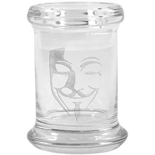 Clear Glass Herb Stash Jar and Lid 2.75 oz with V For Vendetta Logo from Smoke Promos