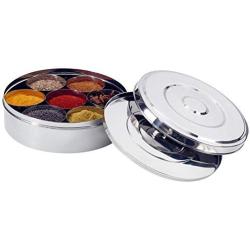 Zinel Spice Box/Masala Dabba with 7 Comparments and 2 Stainless Steel Lid, 22 cm, Silver