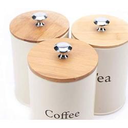 Set of 3 Metal Food Storage Canister Jar Kitchen Containers with Bamboo Lid