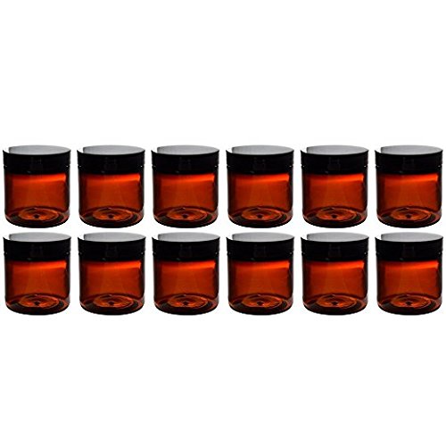 (Set of 12) Amber 4 Ounce Plastic Straight Sided Jars with Smooth Black Lids