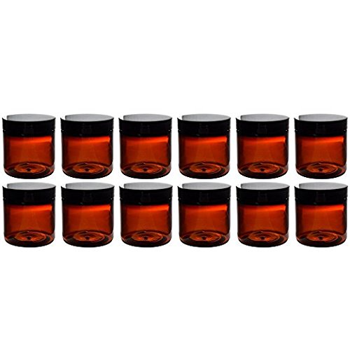 (Set of 12) Amber 4 Ounce Plastic Straight Sided Jars with Smooth Black Lids