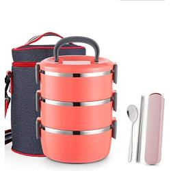 Thermos Food Jar Thermos Stainless Food Flask,Leakproof Insulated Food Containers,High-capacity,Multi-storey,Portable Insulated Bag (Color : Rose Red, Size : 2100ML)