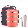 Thermos Food Jar Thermos Stainless Food Flask,Leakproof Insulated Food Containers,High-capacity,Multi-storey,Portable Insulated Bag (Color : Rose Red, Size : 2100ML)