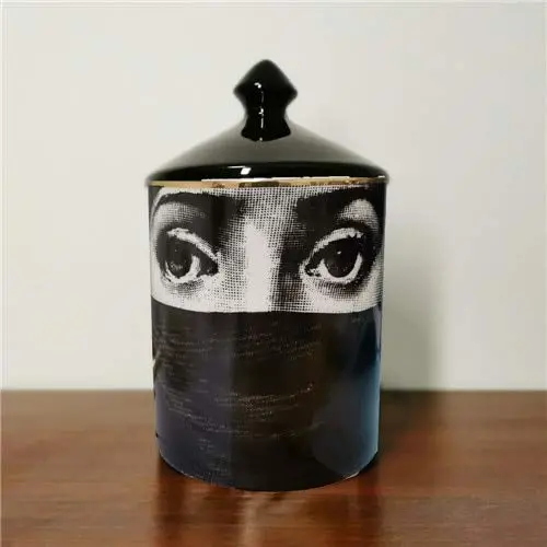 ANH19 Kerzenhalter - Klassische Fornasetti Kerzenhalter mit schwarzer Kappe, Keramik-Aufbewahrungsbox, Kunst-Kerzenhalter, Retro, Handgefertigt, Haushaltsdeko