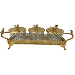 Three Glass Jars with Gold Cover for Sugar/candy and Kitchen use with Tray Turkish made Gold Plated.