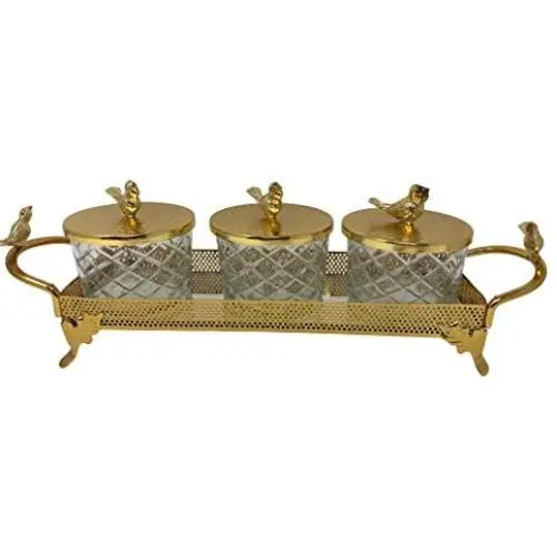 Three Glass Jars with Gold Cover for Sugar/candy and Kitchen use with Tray Turkish made Gold Plated. Three Glass Jars with Gold Cover for Sugar/candy and Kitchen use with Tray Turkish made Gold Plated.