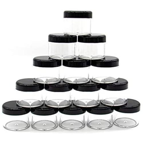 AUEAR, 20 Pack Round Clear Jars with Black Lids 20G Plastic Round Cosmetic Containers Jars Pot for Makeup Creams Liquid