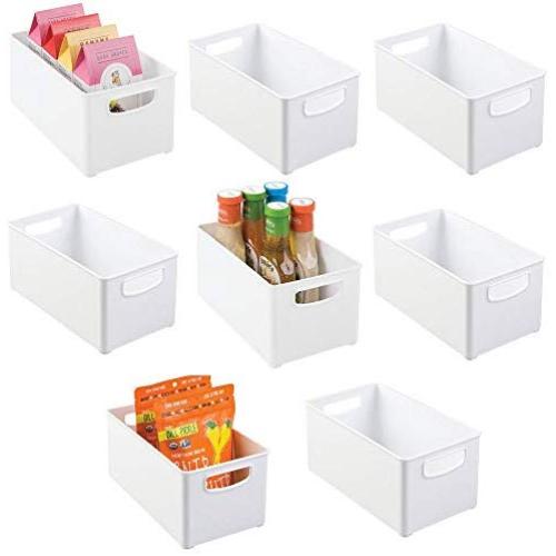 mDesign Plastic Stackable Kitchen Pantry Cabinet, Refrigerator, Freezer Food Storage Bin with Handles, Lid - Organizer for Fruit, Yogurt, Snacks, Pasta - BPA Free, 10" Long, 8 Pack - White