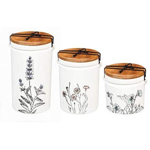 Cypress Home Stamped Botanical Ceramic Canisters, Set of 3