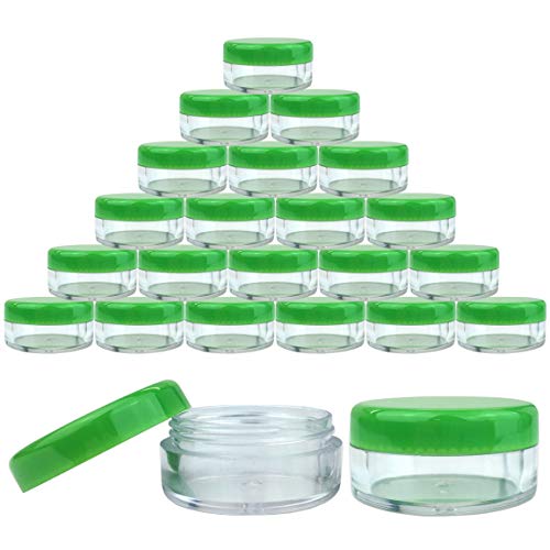 (Quantity: 25 Pieces) Beauticom 5G/5ML Round Clear Jars with GREEN Lids for Lotion, Creams, Toners, Lip Balms, Makeup Samples - BPA Free