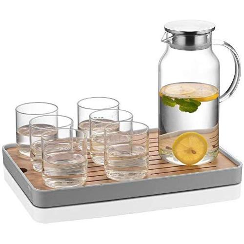 Cupwind 55 Ounce Glass Pitcher with Stainless Steel Lid, Hot/Cold Water Carafe with Handle, Juice and Ice Tea Pitcher x Set of 6 Glass Beer Drinks Cups 8.5 Ounce x Serving Tray