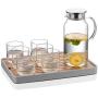 Cupwind 55 Ounce Glass Pitcher with Stainless Steel Lid, Hot/Cold Water Carafe with Handle, Juice and Ice Tea Pitcher x Set of 6 Glass Beer Drinks Cups 8.5 Ounce x Serving Tray