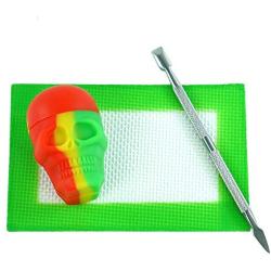 TOPJAR Wax Carving Container Set (15ml Skull Series) - Rasta Nonstick Silicone Jar & Green Small Mat & Carver Tool Each 1