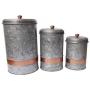 Benjara, Gray Galvanized Metal Lidded Canister with Copper Band, Set of Three