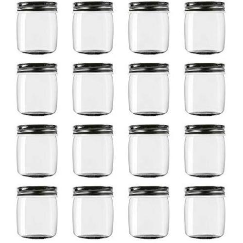 Novelinks 8 Ounce Clear Plastic Jars with Black Lids - Refillable Round Clear Containers Clear Jars Storage Containers for Kitchen & Household Storage - BPA Free (16 Pack)