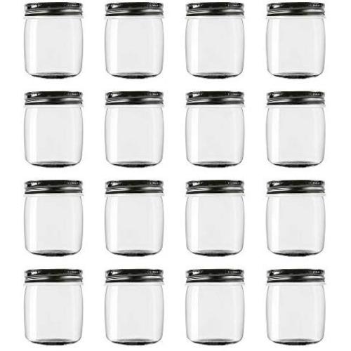 Novelinks 8 Ounce Clear Plastic Jars with Black Lids - Refillable Round Clear Containers Clear Jars Storage Containers for Kitchen & Household Storage - BPA Free (16 Pack)