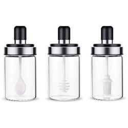 Kitchen Glass Seasoning Bottle Salt Storage Box Spice Jar Condiment Cruet Bottle,Kitchen Supplies with Serving Spoon,Set of 3 Different Spoons