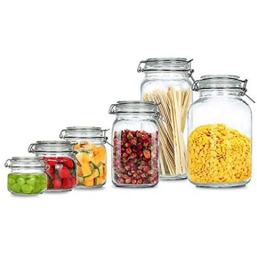 BAKOUSTAR Kitchen Storage Containers With Lids Set of 6 Kitchen Canisters-Cookie, oatmeal, fruit, Rice and Spice Jars - Sugar or Flour Container - Big and Small Airtight Food Jar for Pantry