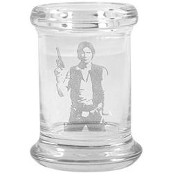 Clear Glass Herb Stash Jar and Lid 2.75 oz with Han Solo Logo from Smoke Promos