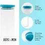 BERG & MON Stackable Glass Storage Containers with Airtight Teal Lids | Set of 4 Canisters for Kitchen Counter or Pantry Organization | Jar Set for Dry Food Ingredients | Bonus Jar Labels and Marker