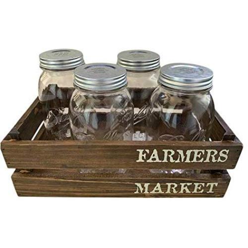 Ball Anniversary Edition Mason Jar, Quart 32 Oz (Set of 4) W/Chalkboard Labels and Farmers Market Wooden Crate