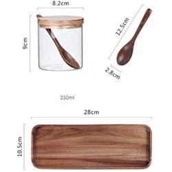 ANGELA Glass Seasoning Jar Three-Piece with Wood Lid and Spoons, Clear Storage Containers Condiment Jars Set Base for Serving Spice, 9 Ounce Each