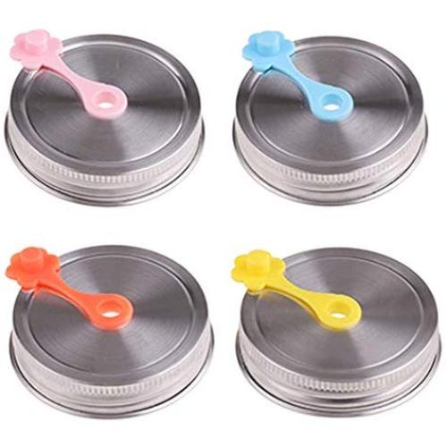 4Pcs Polished Rust Resistant Stainless Steel Mason Jars Lids Caps Lids Top Silicone Straw Hole with Plug Canning Drinking Jars