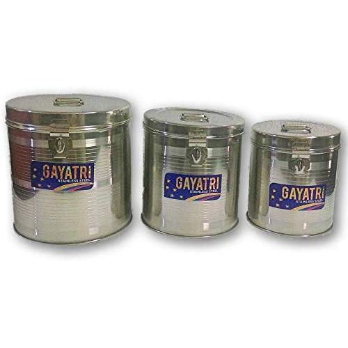 Stainless Steel Round KADI Dabba Canister Container 2-3 - 4 KG Food/Dough/Liquid Capacity Storage Box 3 Pieces Set with Hinges Lockable