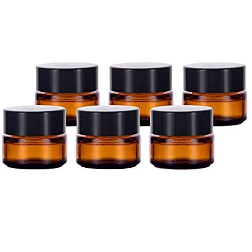 6 Pack Amber Glass 5 ml 1/6 oz Small Thick Wall Round Jars Vials Pot Cosmetic Bottle Face Cream Containers With Black Lids For Lotion Make Up Nail Salve Ointment Sample Balm